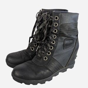 Sorel Lexie Wedge Lace Up Boots Black Leather Size 8.5